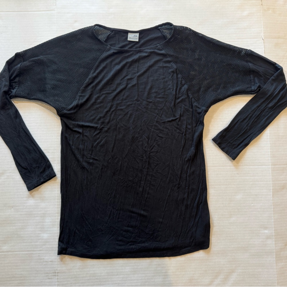 Black long sleeve stretchy shirt with mess detailed shoulders size small